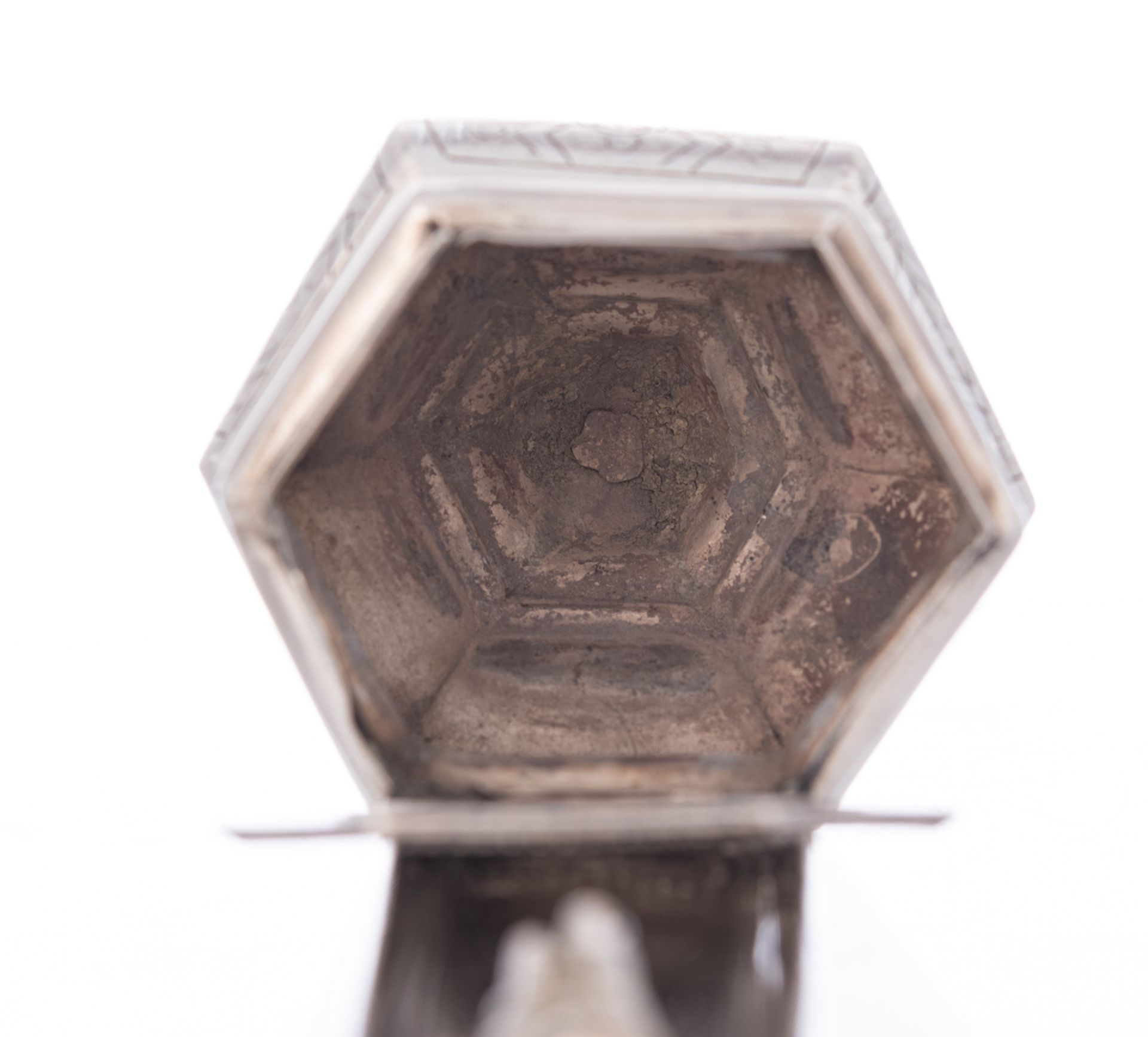 A hexagonal-shaped silver Holy Water font for private use, with engraved decoration, maybe Brussels, - Image 6 of 9