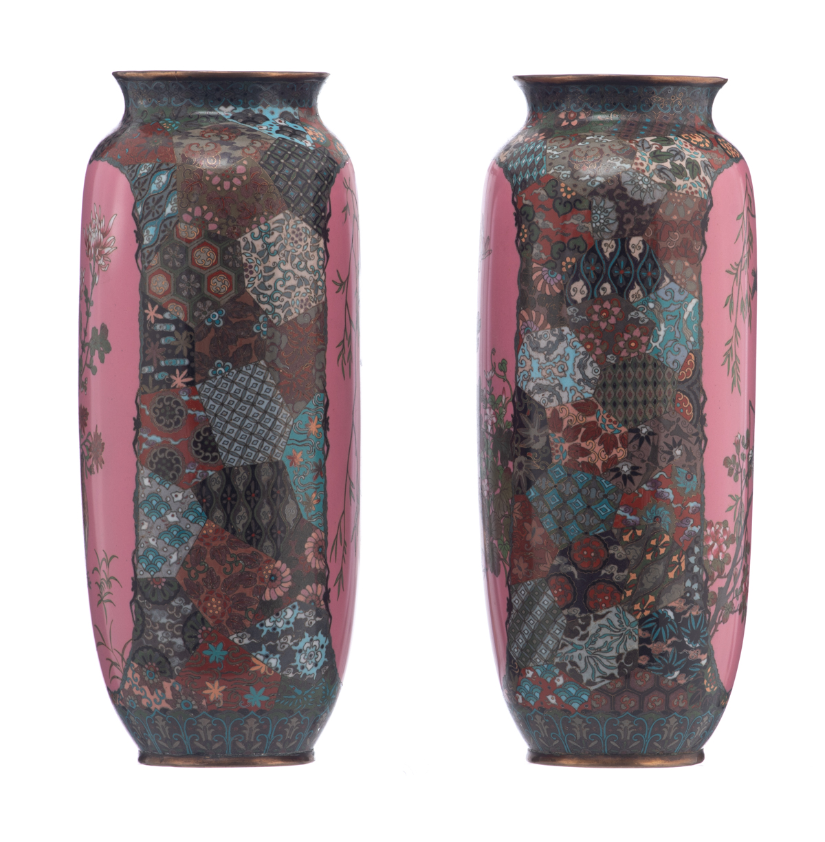 Two Japanese cloisonné enamel vases, floral decorated with geometric motives, the panels pink ground - Image 2 of 7