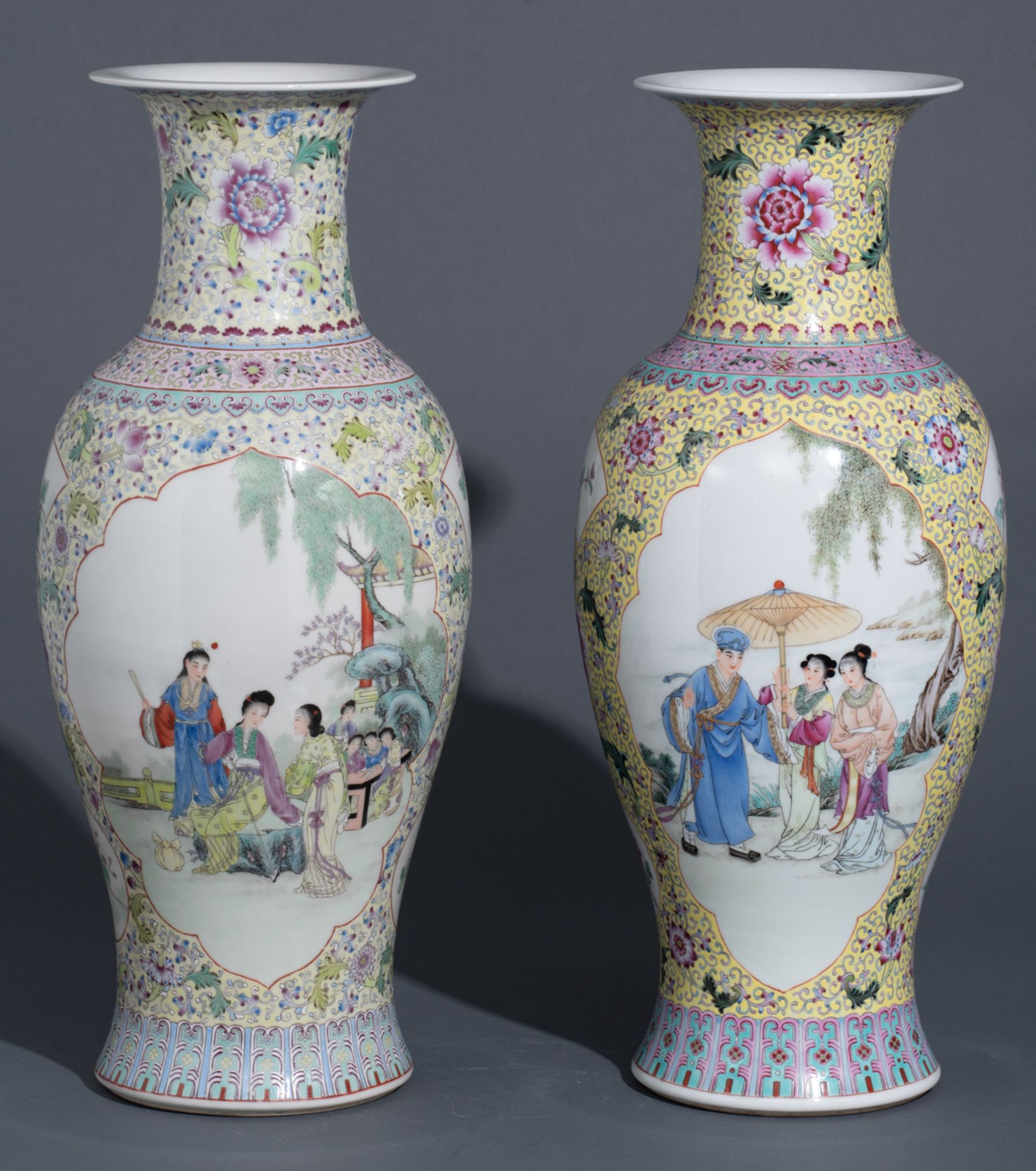 A Chinese Republic period yellow ground famille rose floral decorated vase, the panels with animated - Image 3 of 10