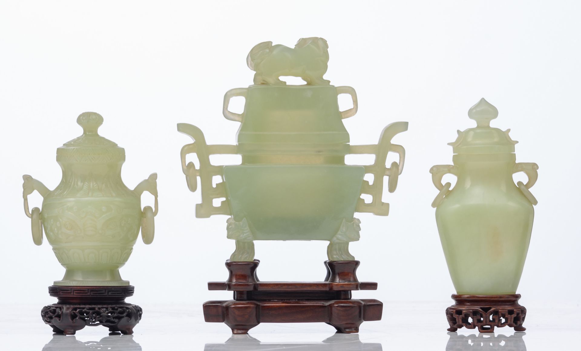 Three Chinese carved green jade vases and covers, Qing dynasty; added a Chinese carved smoky quartz - Image 5 of 14