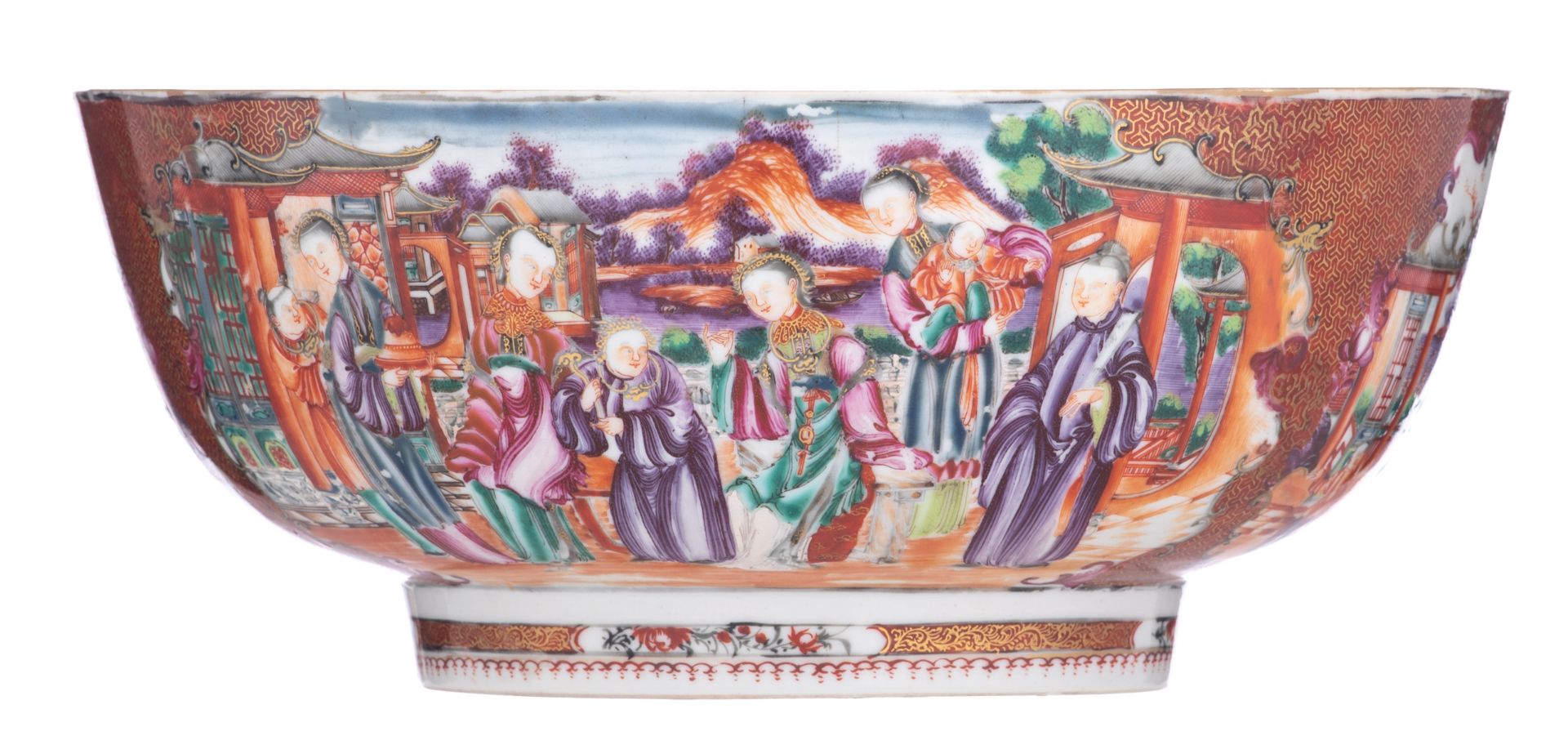 A Chinese 'Mandarin pattern' export porcelain punch bowl, the panels with ladies on a terrace, 18thC - Image 2 of 8