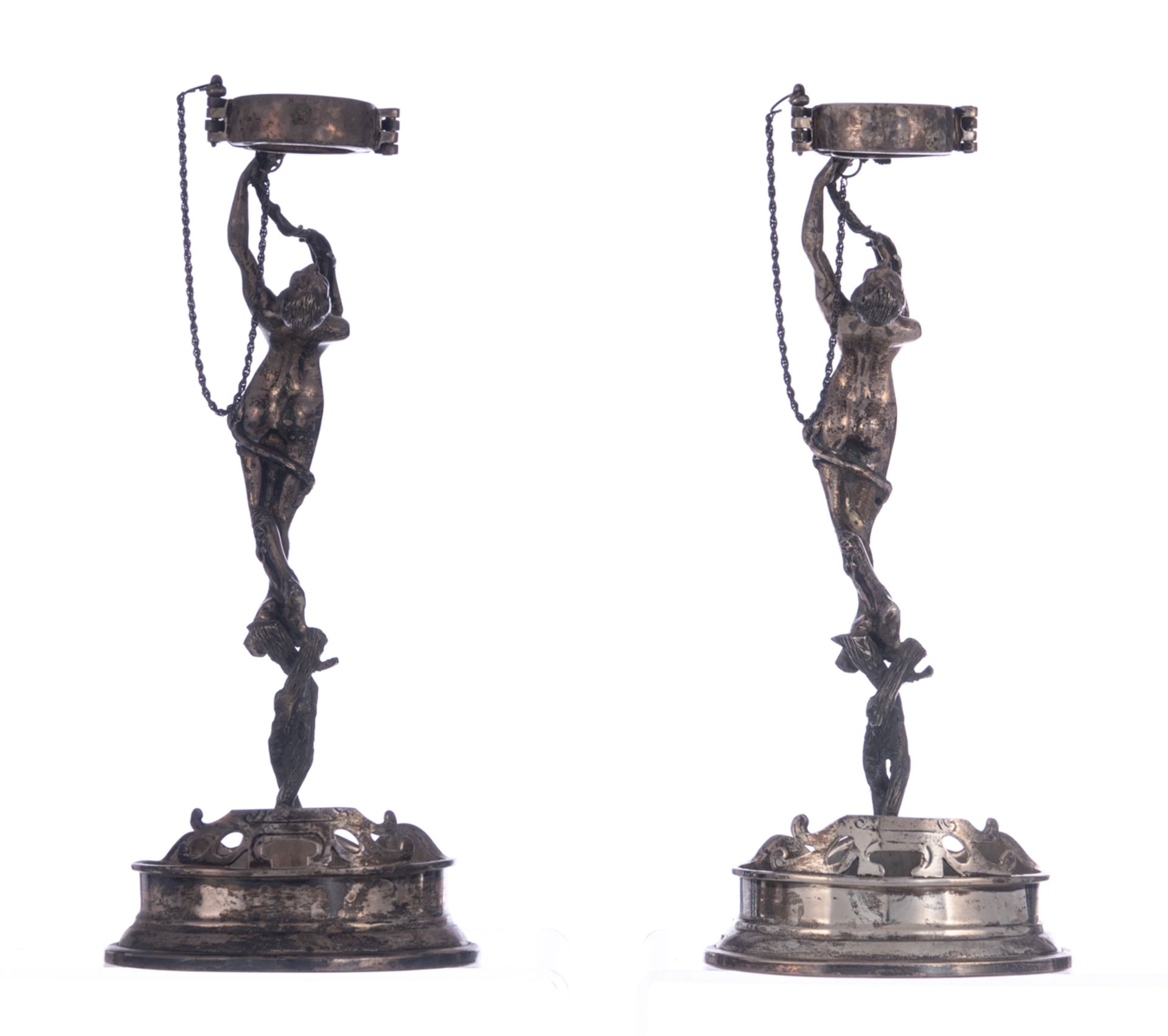 A pair of 925/000 silver wine bottle holders, both shaped as nymphs holding the bottleneck, probably - Image 4 of 9