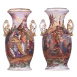 A pair of polychrome painted and gilt 'Vieux Paris' vases, the delicate chinoiserie decoration depic