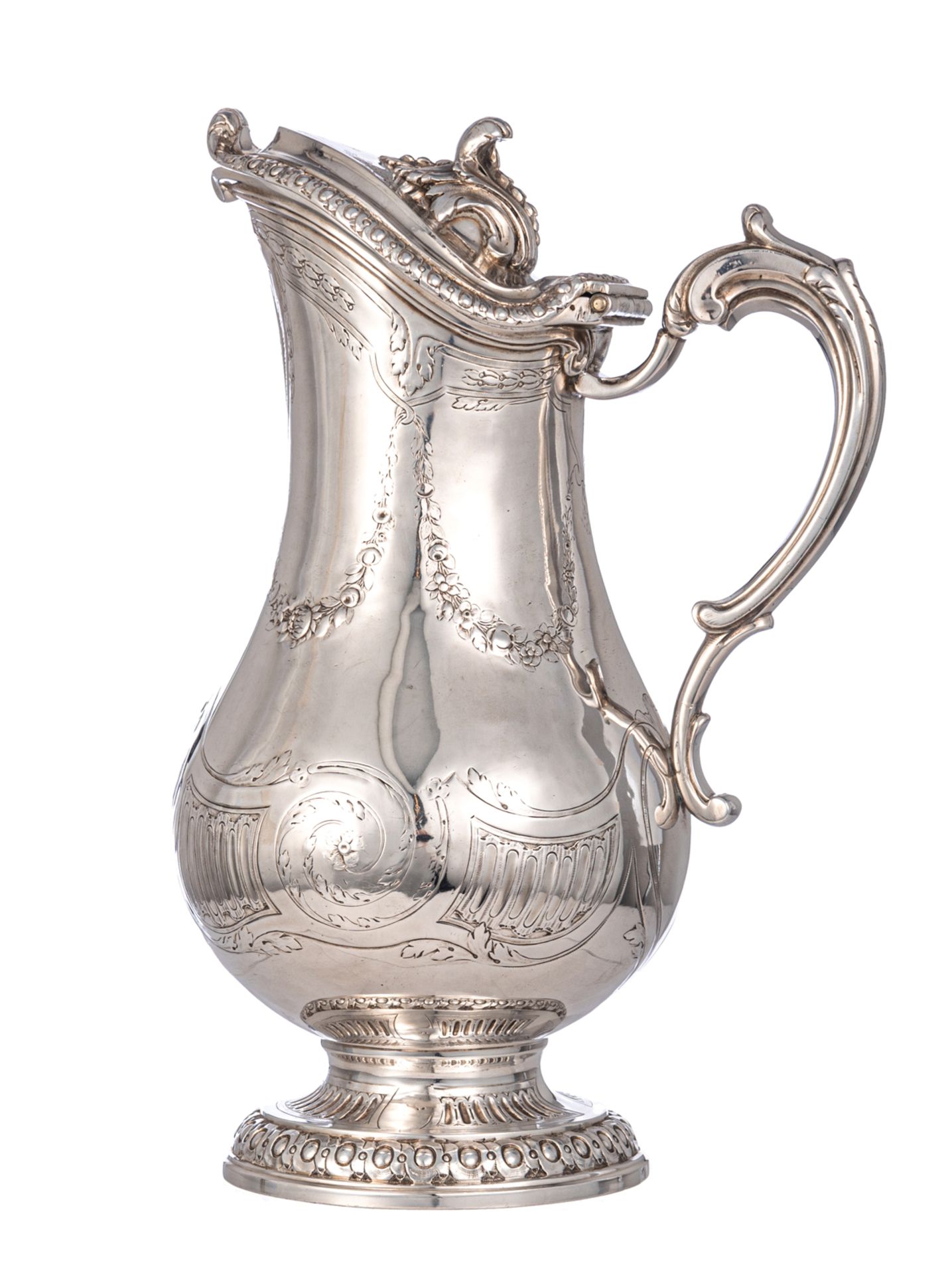 A French second half of the 18thC Neoclassical elegantly worked and engraved silver ewer with cover,