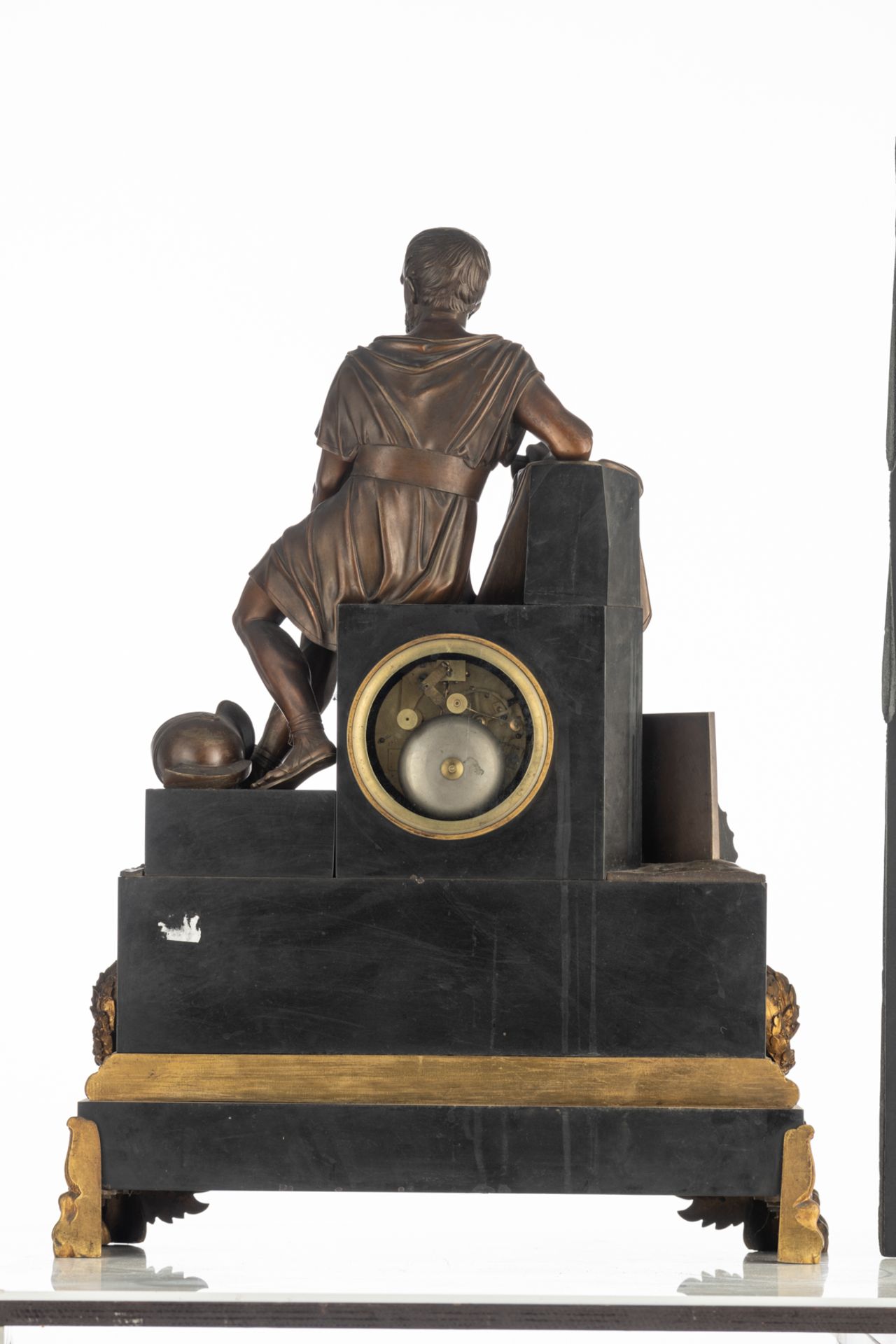 A Neoclassical noir Belge marble and gilt bronze mantle clock with on top a patinated bronze Roman w - Image 3 of 7