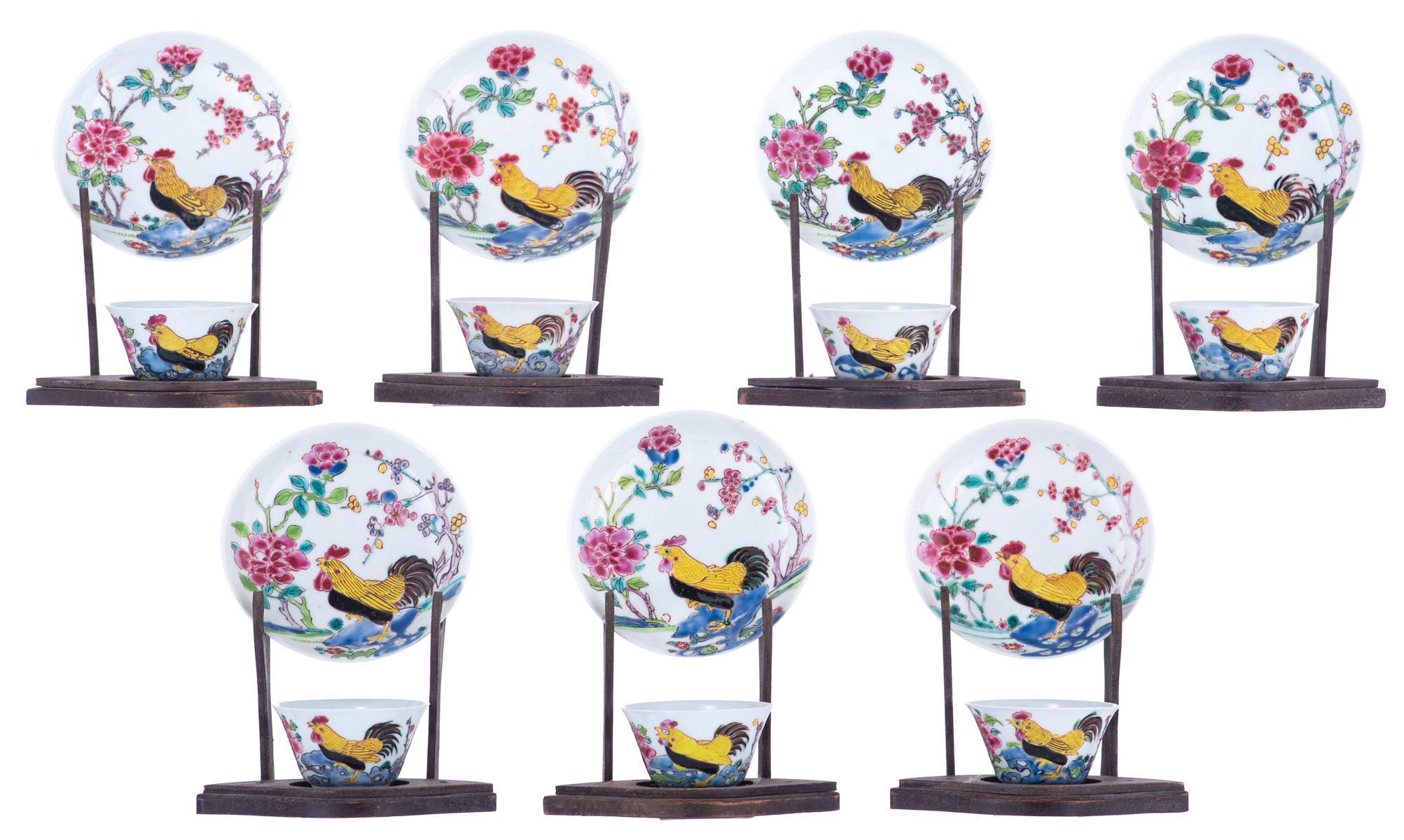 Seven famille rose cups and matching saucers, decorated with a cockerel amidst flower branches, Yong - Image 2 of 8