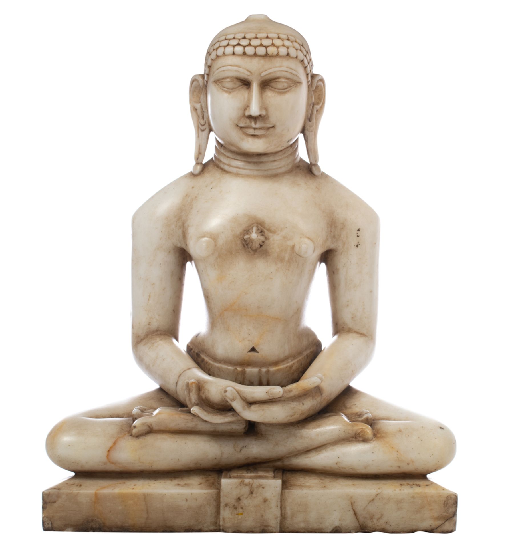 An Oriental alabaster seated Buddha, the hairstyle with traces of polychromy and gilt decoration, 19