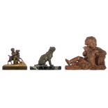 No visible signature, a putto playing with a goat, patinated and polished bronze, 19thC, H 17 cm (in