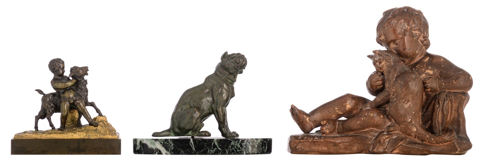 No visible signature, a putto playing with a goat, patinated and polished bronze, 19thC, H 17 cm (in