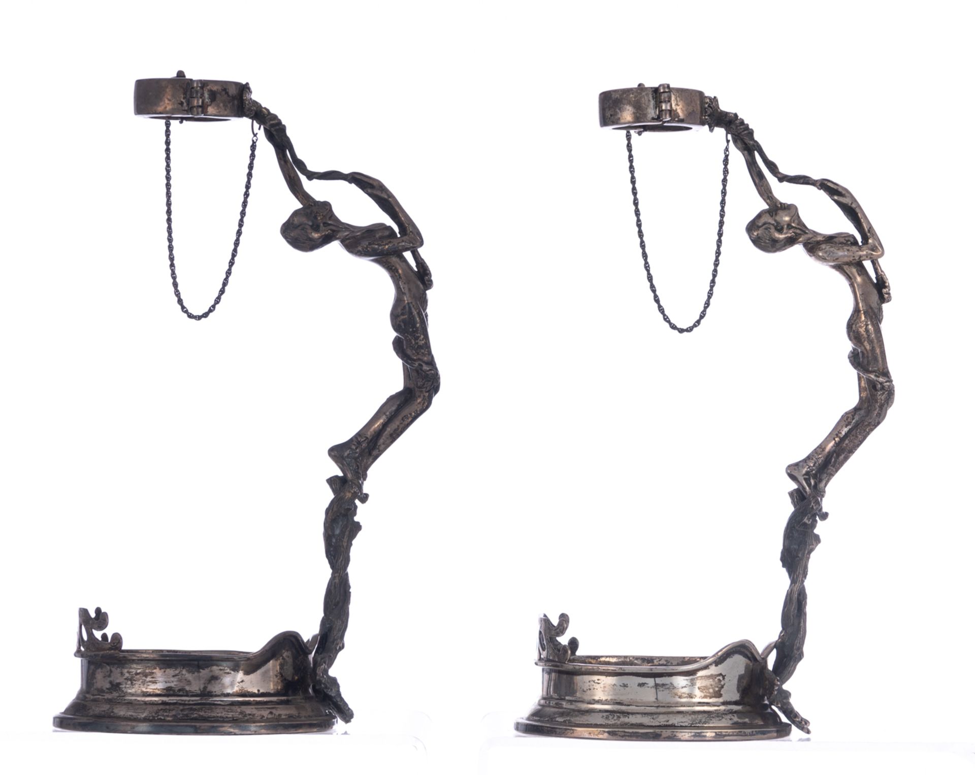 A pair of 925/000 silver wine bottle holders, both shaped as nymphs holding the bottleneck, probably - Image 5 of 9