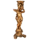 A Baroque Revival gilt wooden pedestal depicting an amor figure on a stand, 19thC, H 129 cm