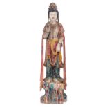 A Chinese polychrome painted wooden group, depicting a standing Guanyin, H 112 cm