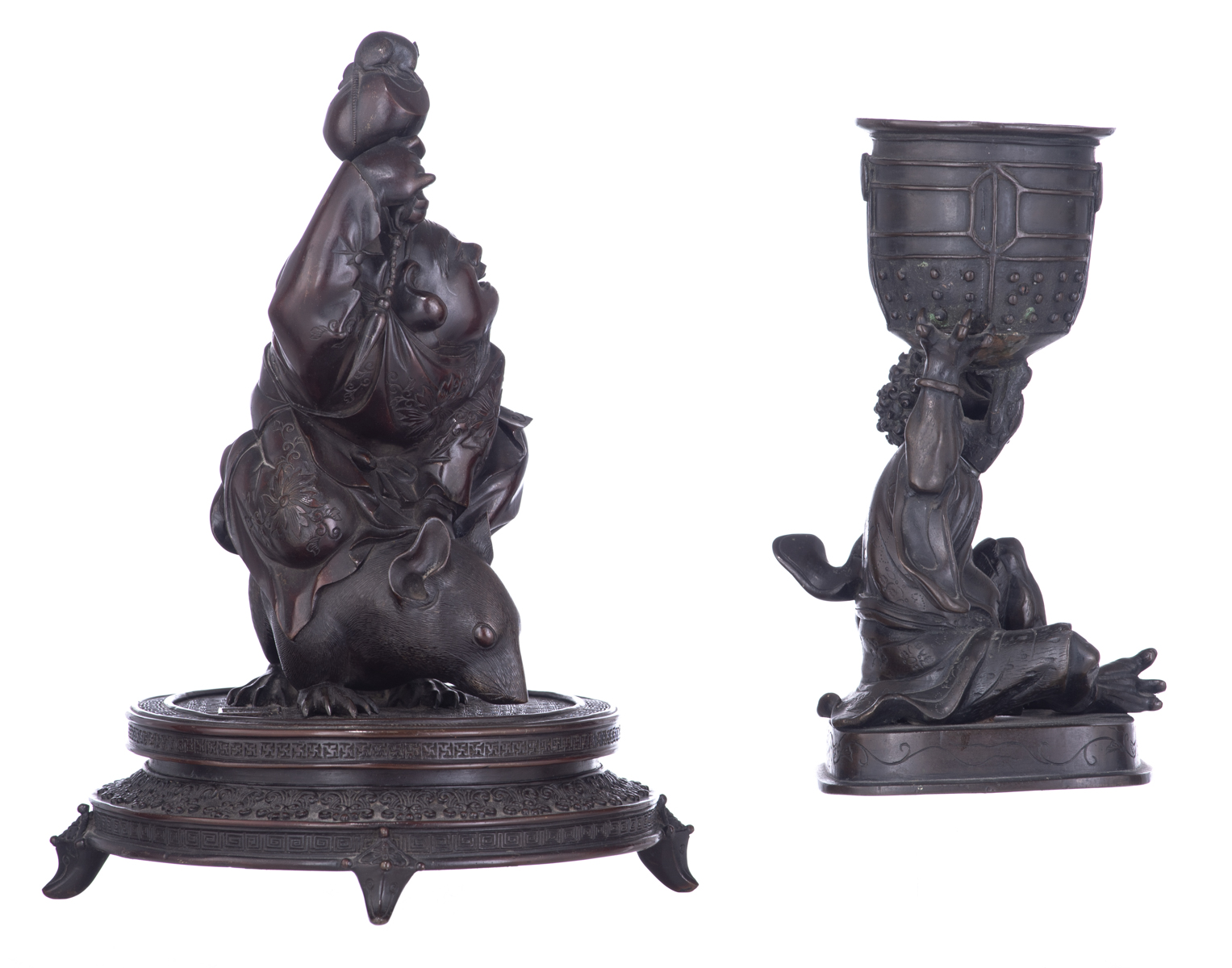 A Japanese bronze statue of the Buddhist god Daikoku, seated on a rat, on a base; added a ditto stat - Image 4 of 6