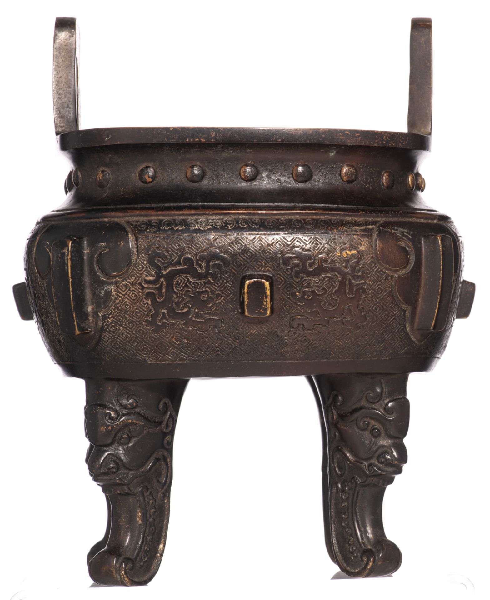 A Chinese archaic-style patinated quadrangular bronze incense burner, the legs mythical head-shaped, - Bild 5 aus 8