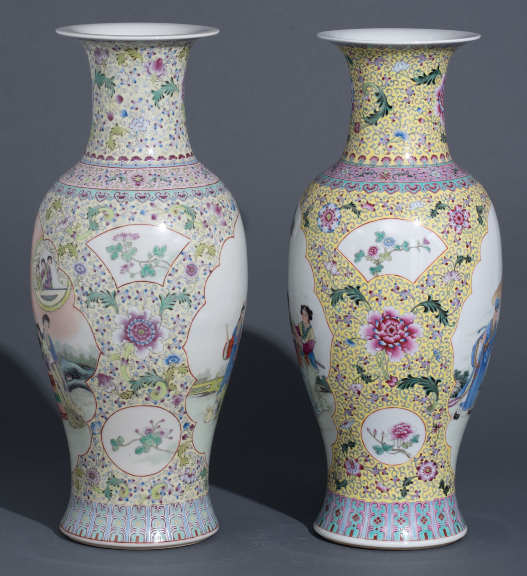 A Chinese Republic period yellow ground famille rose floral decorated vase, the panels with animated - Image 6 of 10