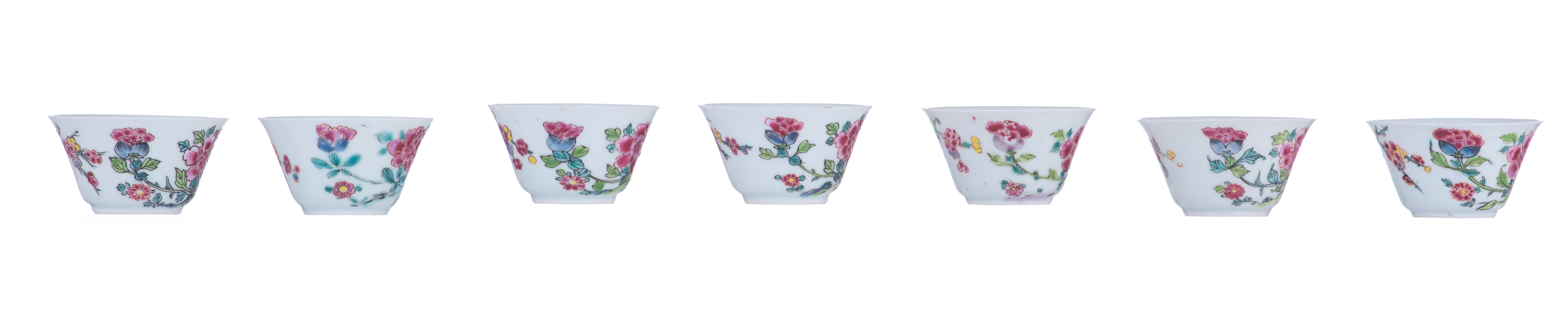 Seven famille rose cups and matching saucers, decorated with a cockerel amidst flower branches, Yong - Image 7 of 8