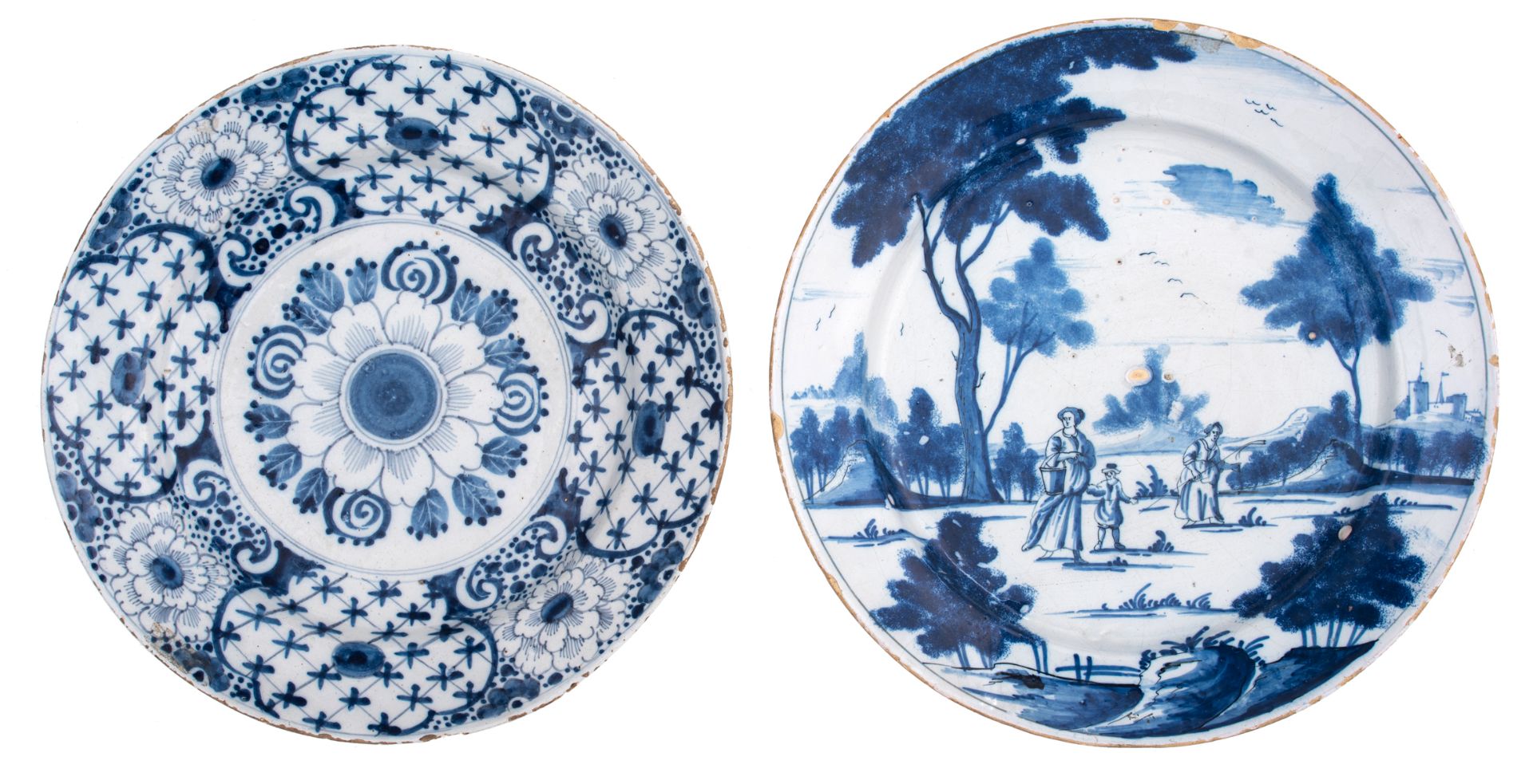 A blue and white decorated Dutch Delftware plate, depicting a pastoral scene, 18thC, ø 36 cm; added