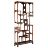 A Chinese inspired exotic hardwood bamboo-shaped display cabinet, H 196,5 - W 88 - D 26 cm