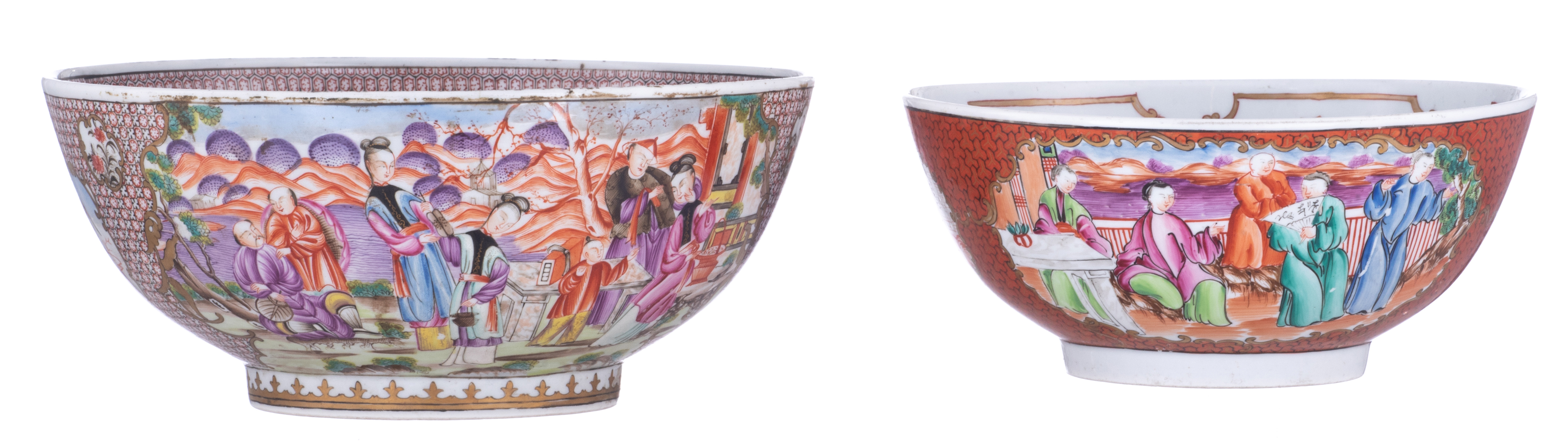 Two probably English porcelain bowls, the polychrome decoration in the Chinese 'mandarin'-manner, th