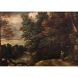 No visible signature, a man traveling in a wooded area, oil on panel, the panel with an Antwerp craf