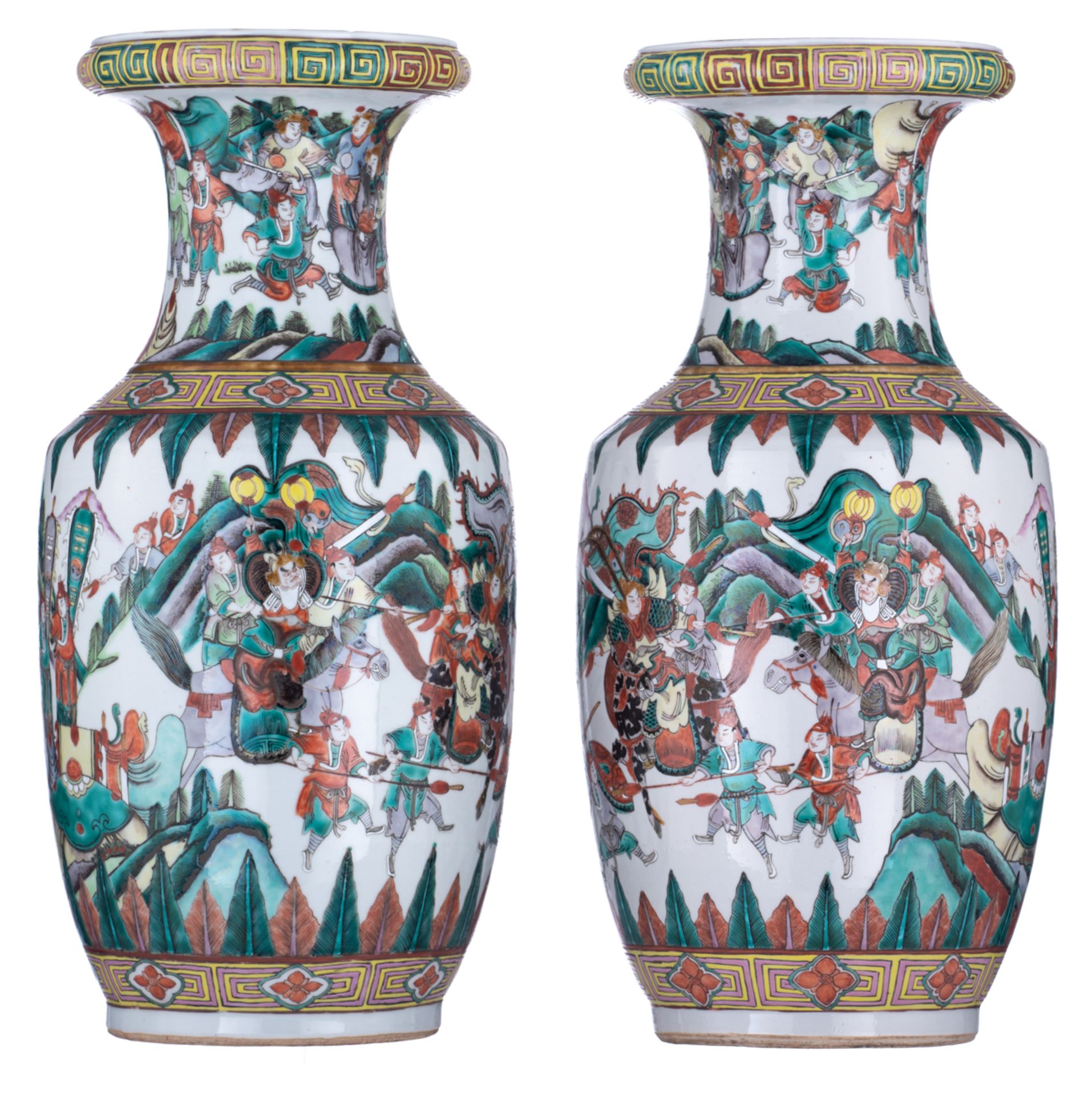 A pair of Chinese famille verte vases, decorated with a scene from 'The Romance of the Three Kingdom