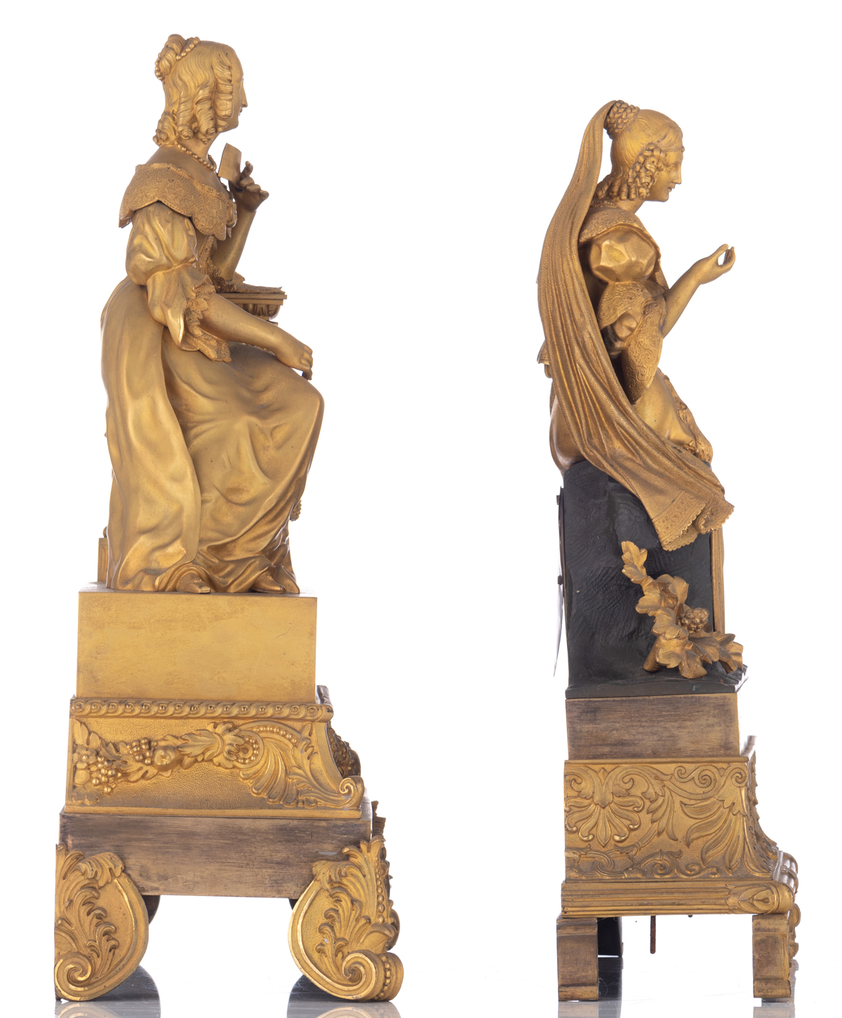 Two gilt bronze French Restauration period mantle clocks, with sitting beauties on top, both with mi - Image 4 of 5