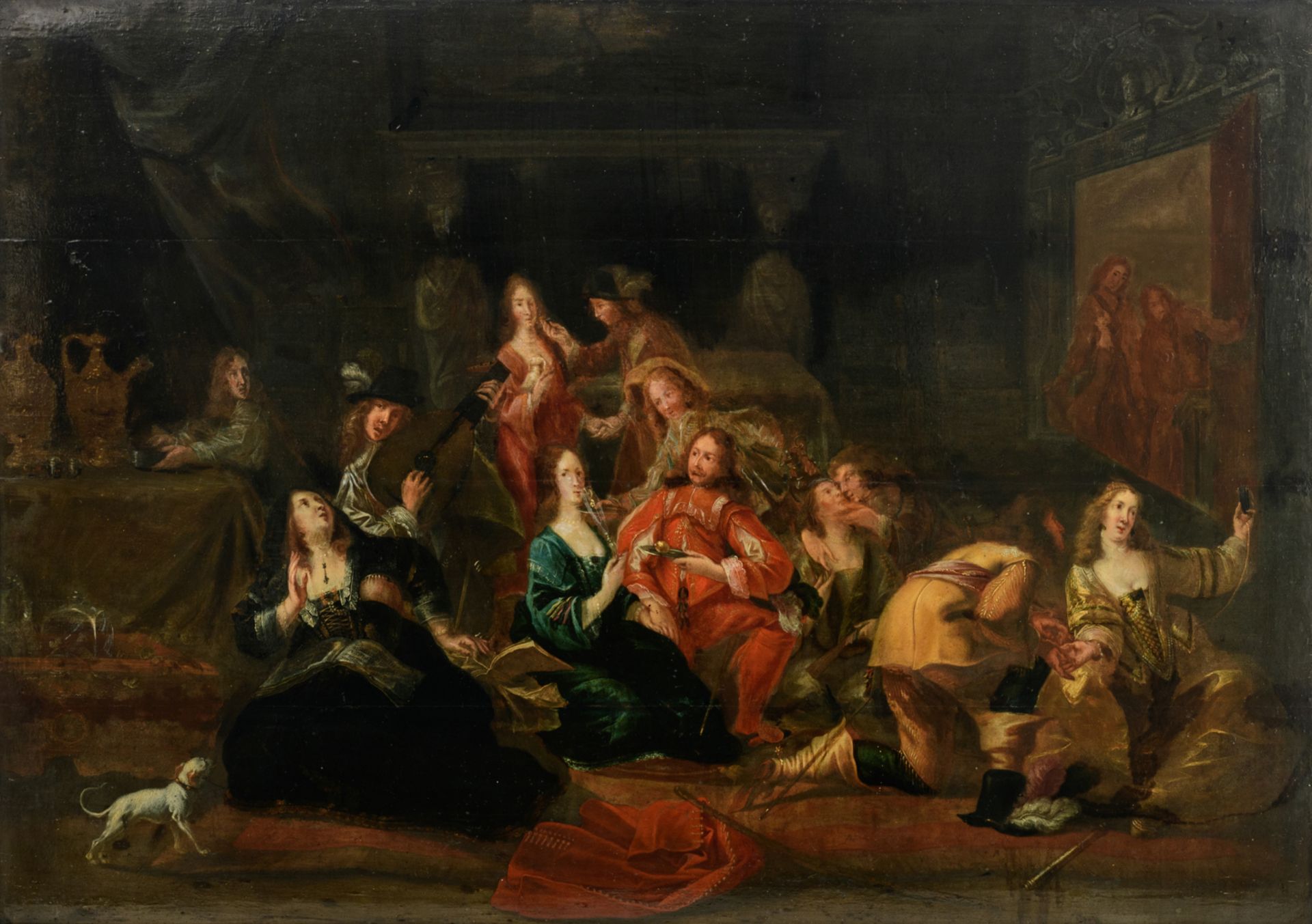 No visible signature, the wedding party, 17thC, oil on panel, 74 x 105 cm