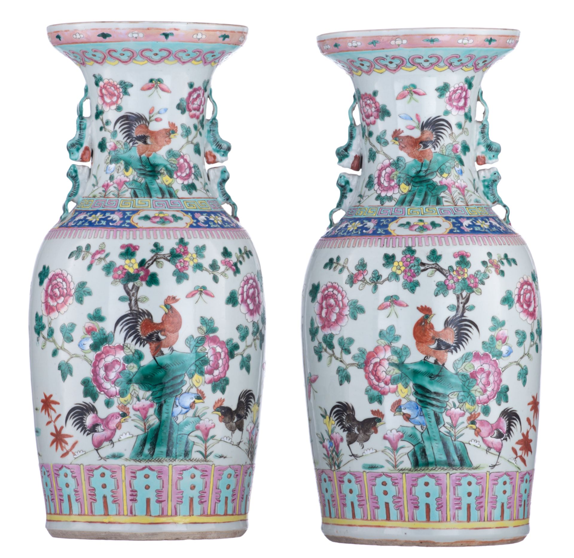 A pair of Chinese famille rose vases, decorated with cockerels under a peach tree, paired with Fu li - Image 3 of 6