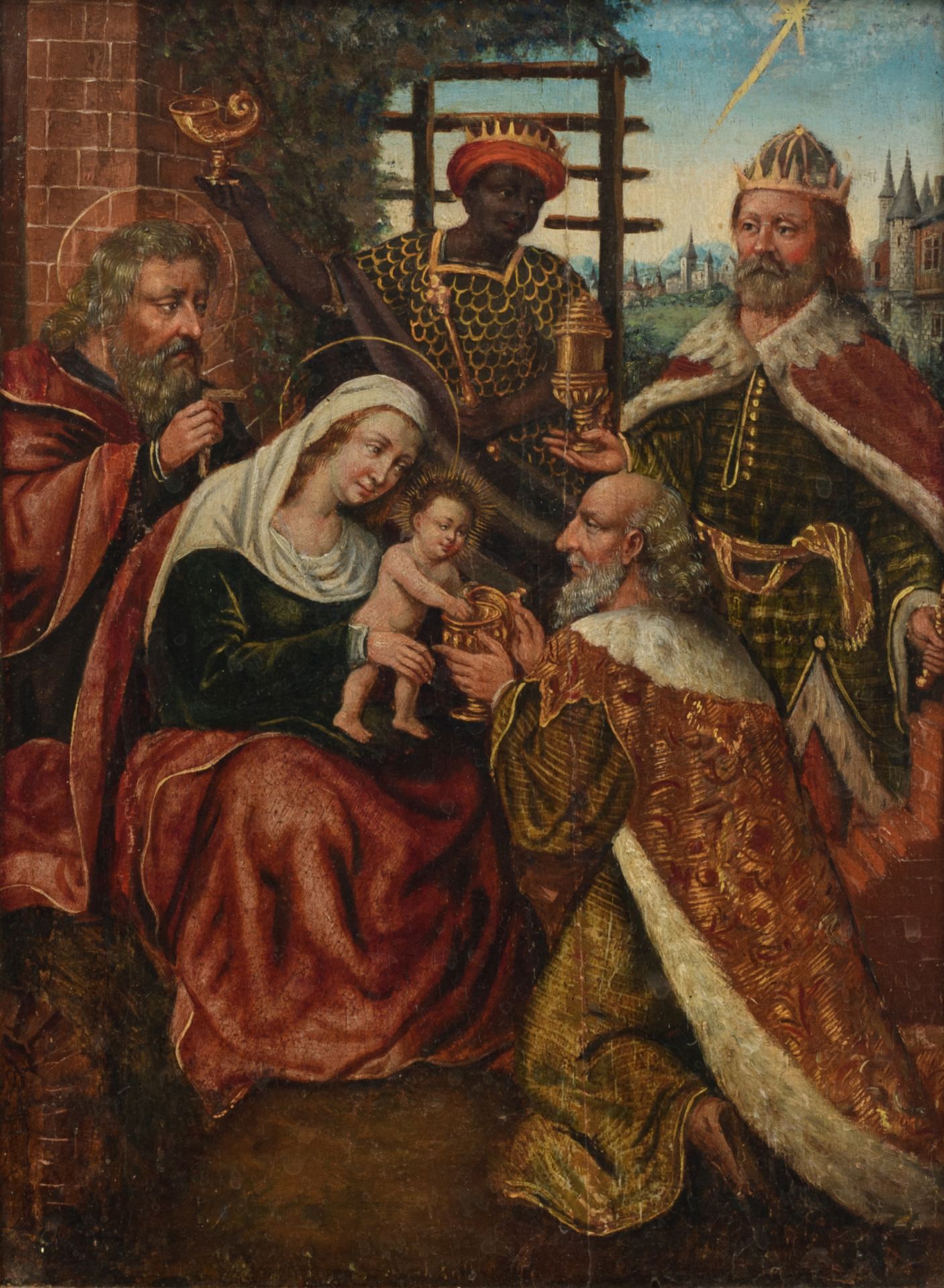 No visible signature, the Adoration of the Magi, the Southern Netherlands, late 16thC, oil on panel,