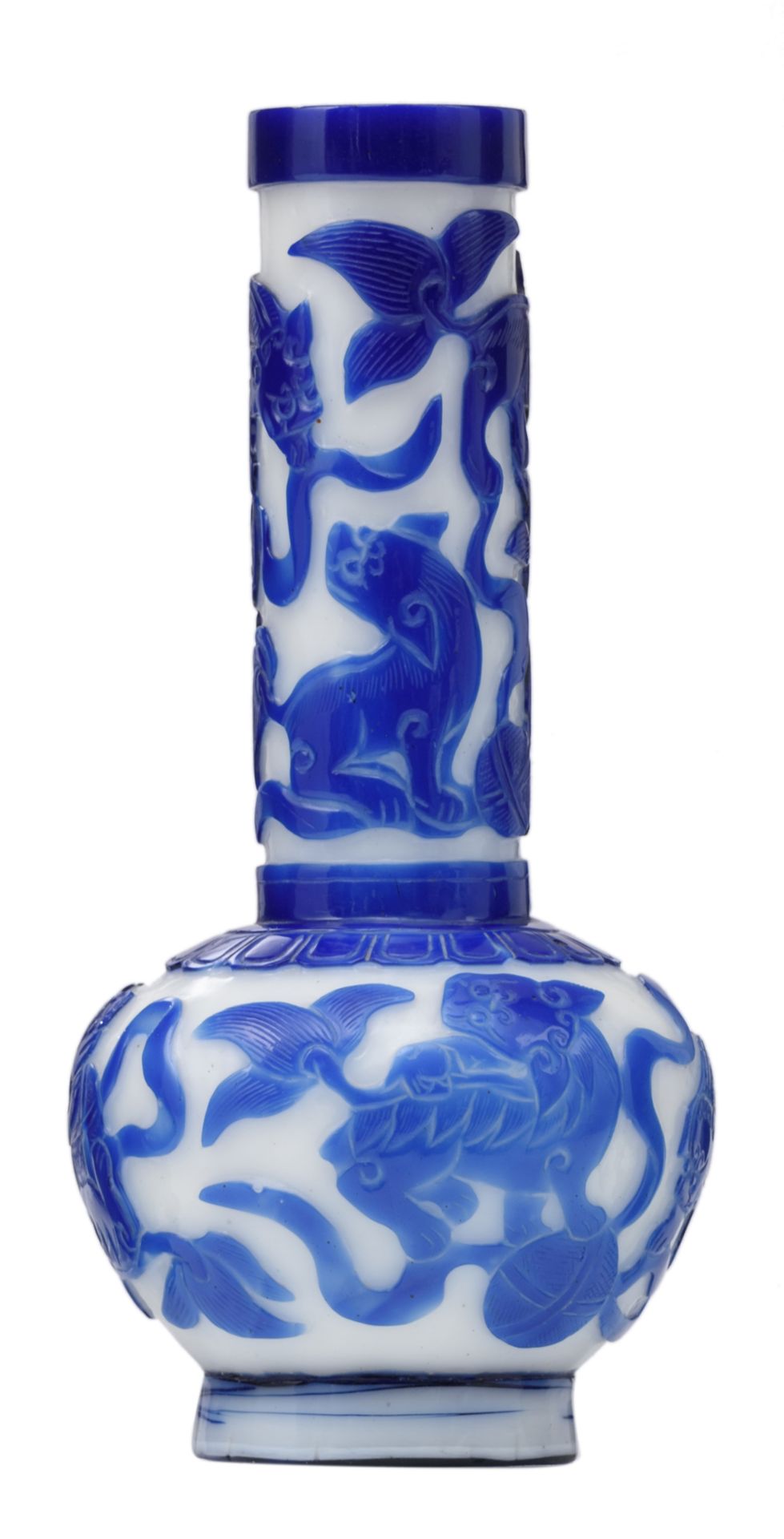 A Chinese 'Peking glass' blue and white bottle vase, relief decorated with qilins, H 22,5 cm