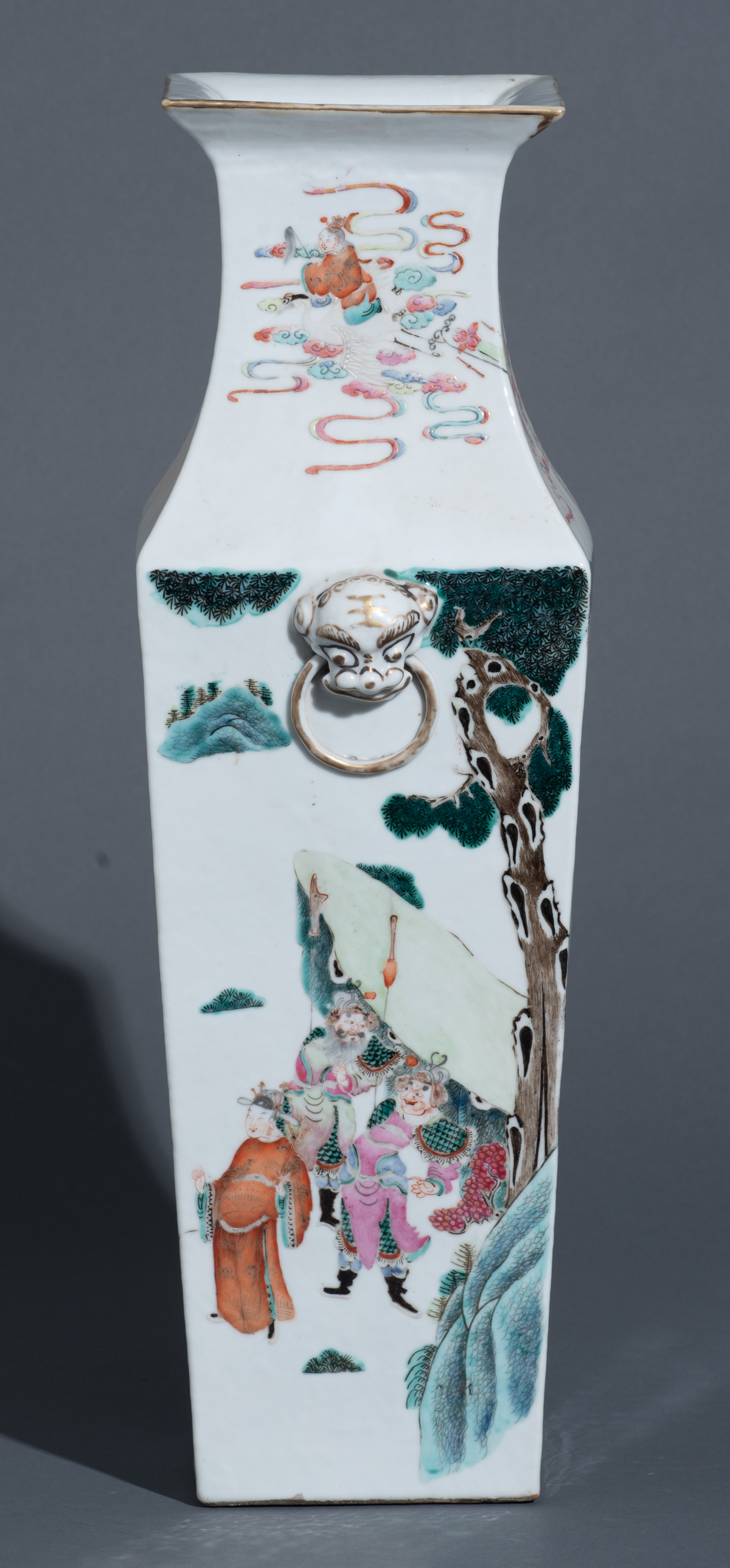 A Chinese famille rose fanghu vase, decorated with the Eight Immortals, paired with Fu-lion head han - Image 3 of 8