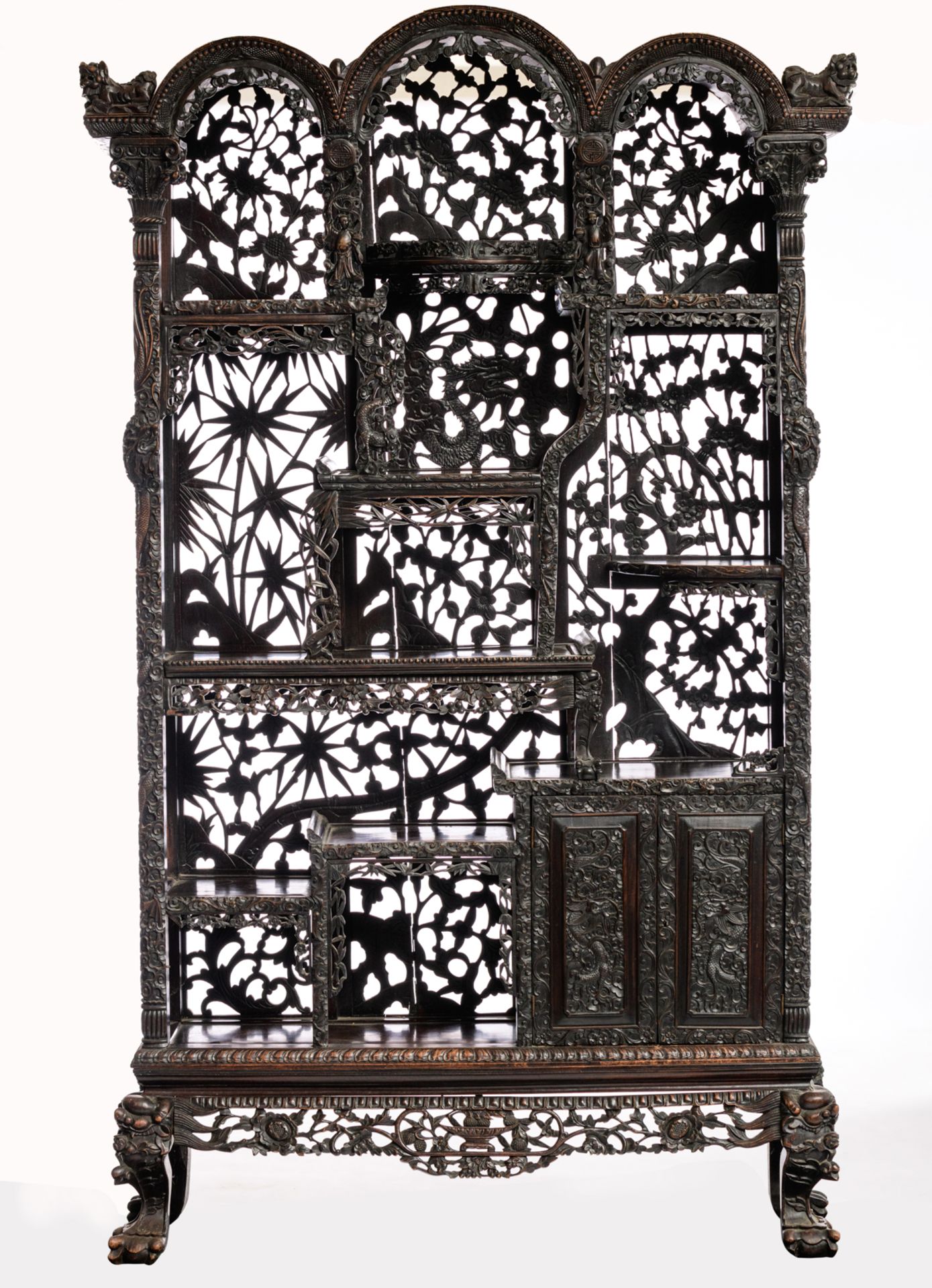 A Chinese exotic hardwood display cabinet, finely sculpted with floral decorations, dragons and Fu l - Bild 2 aus 5