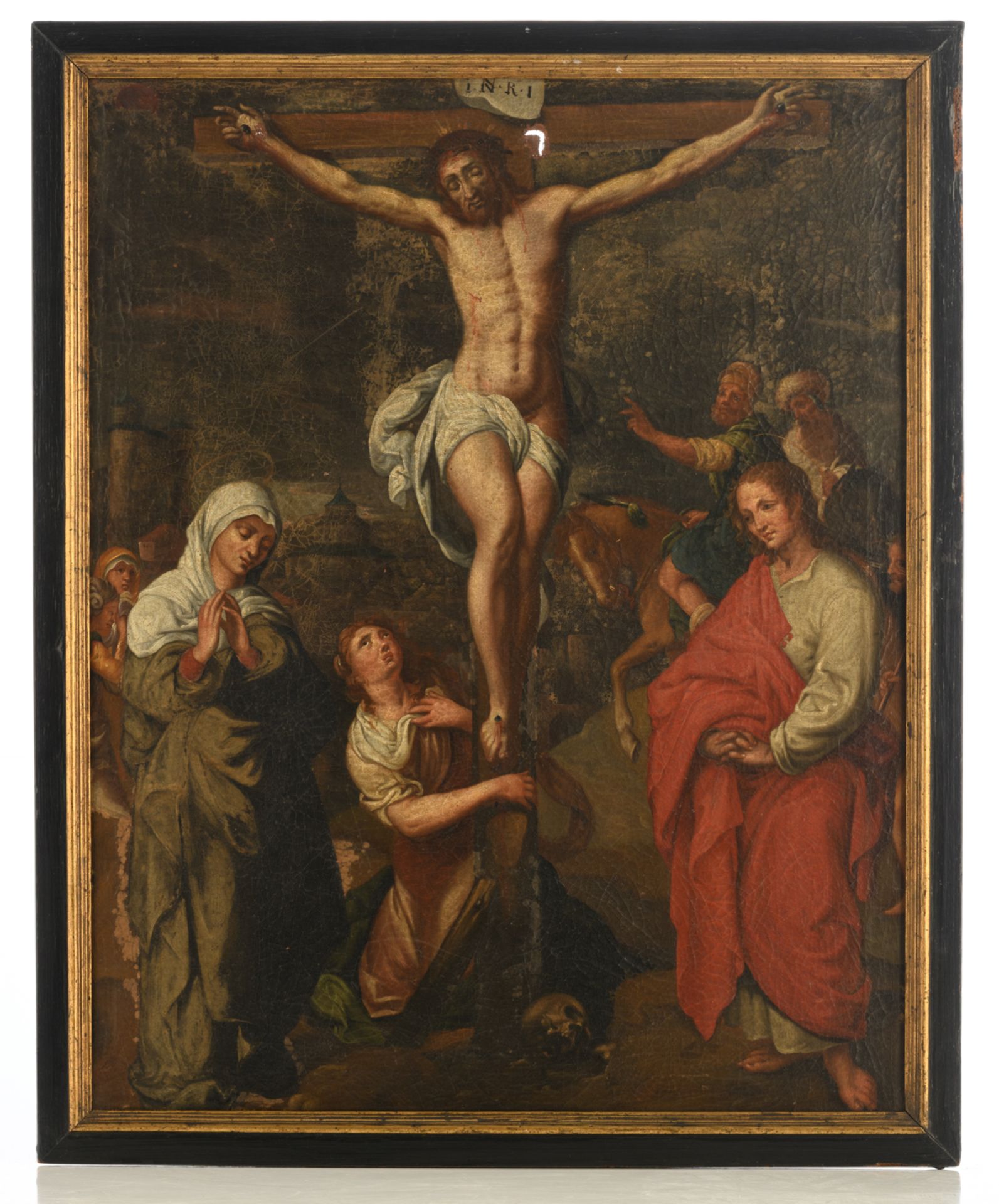 No visible signature, a Golgotha, oil on canvas, 17thC, former collection Hospital Sisters of St. Jo - Image 2 of 4