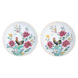 Two Chinese famille rose dishes, decorated with a cockerel among peonies, 18thC, ø 22,5 cm