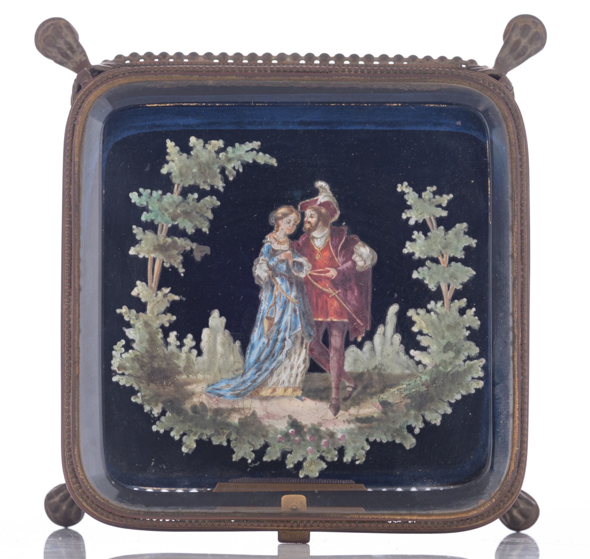 A French rectangular glass and brass mounted jewelry storage box, the glass with biased margins and - Image 12 of 12