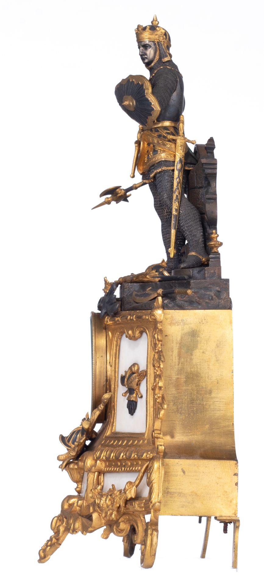 A 19thC French gilt and patinated bronze mantel clock with Carrara marble plaques, and on top a well - Image 3 of 7
