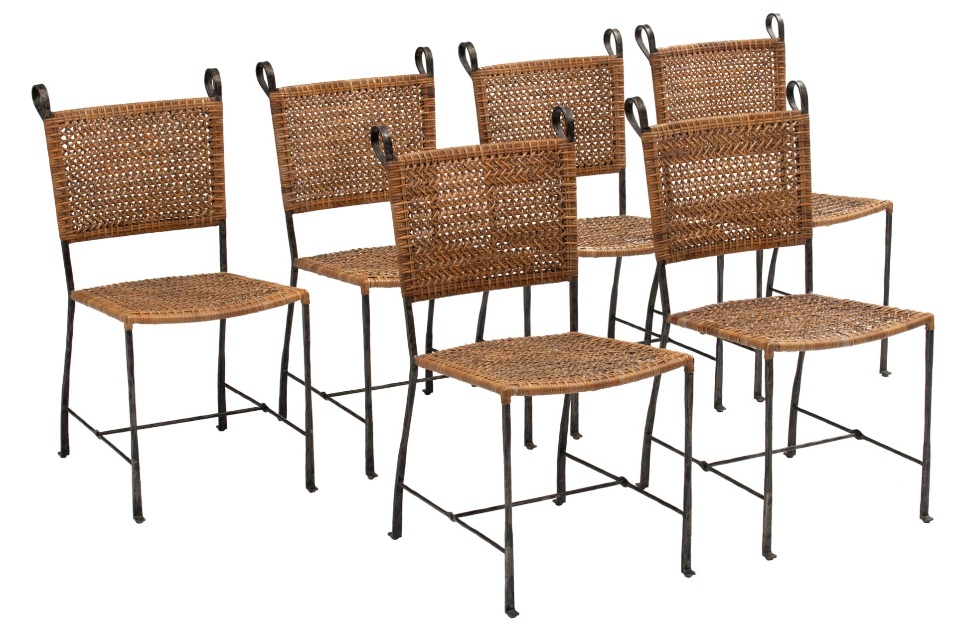 A set of six chairs by Ched Berenguer-Topacio, cast iron and rattan, H 91 - W 46 - D 55 cm