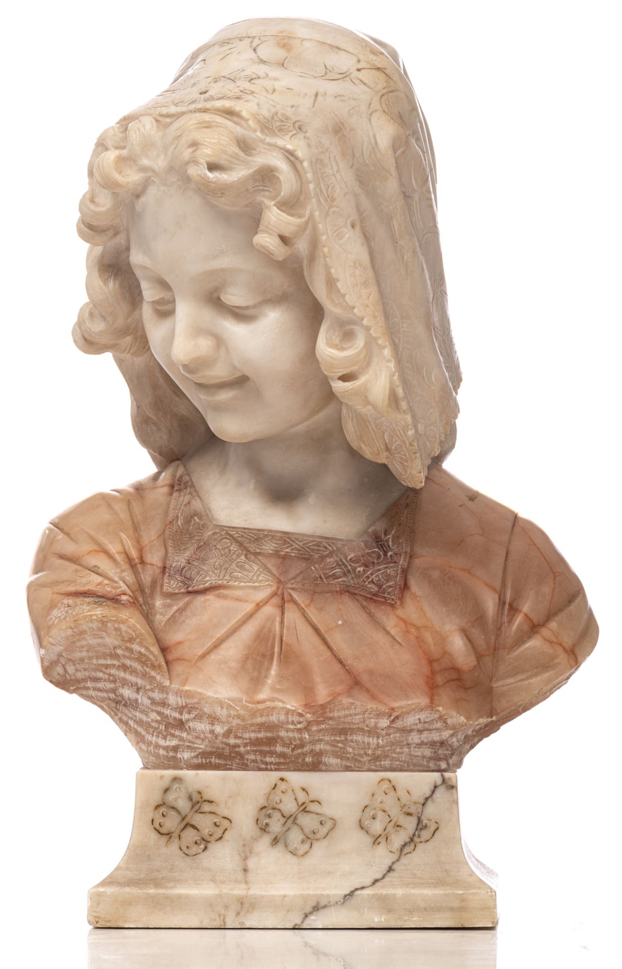 Bessi G., the bust of a young girl, Carrara marble and alabaster on a matching Neoclassical marble c - Bild 4 aus 8