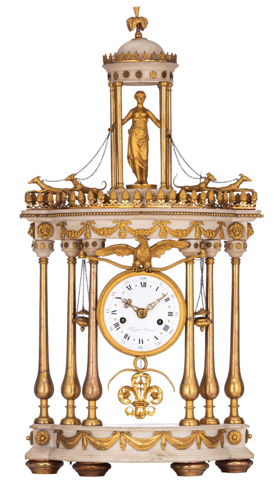 A fine Carrara marble and gilt bronze Louis XVI portico clock, on top of the dial, an eagle is crush