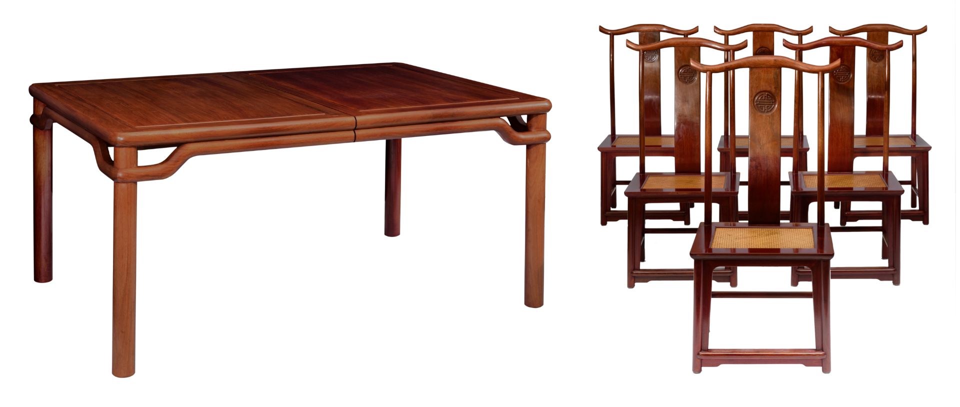 A large Chinese mahogany extendable dining table, with a set of six chairs, H 76 - W 209 - D 109 cm