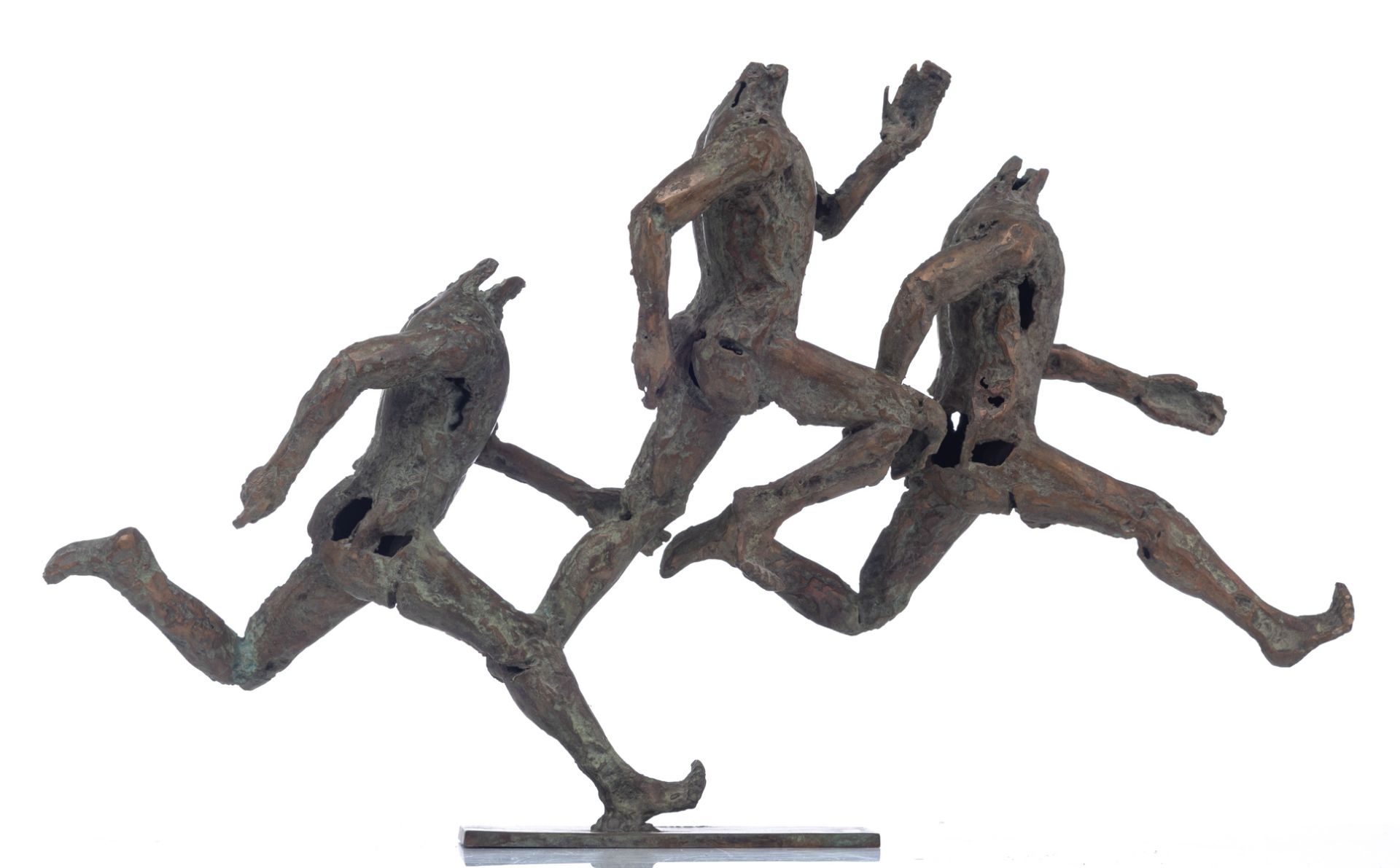 Desmaret J., three runners, N° 4/8, green and brown patinated bronze, H 45 - W 75,5 cm Is possibly s - Image 4 of 8