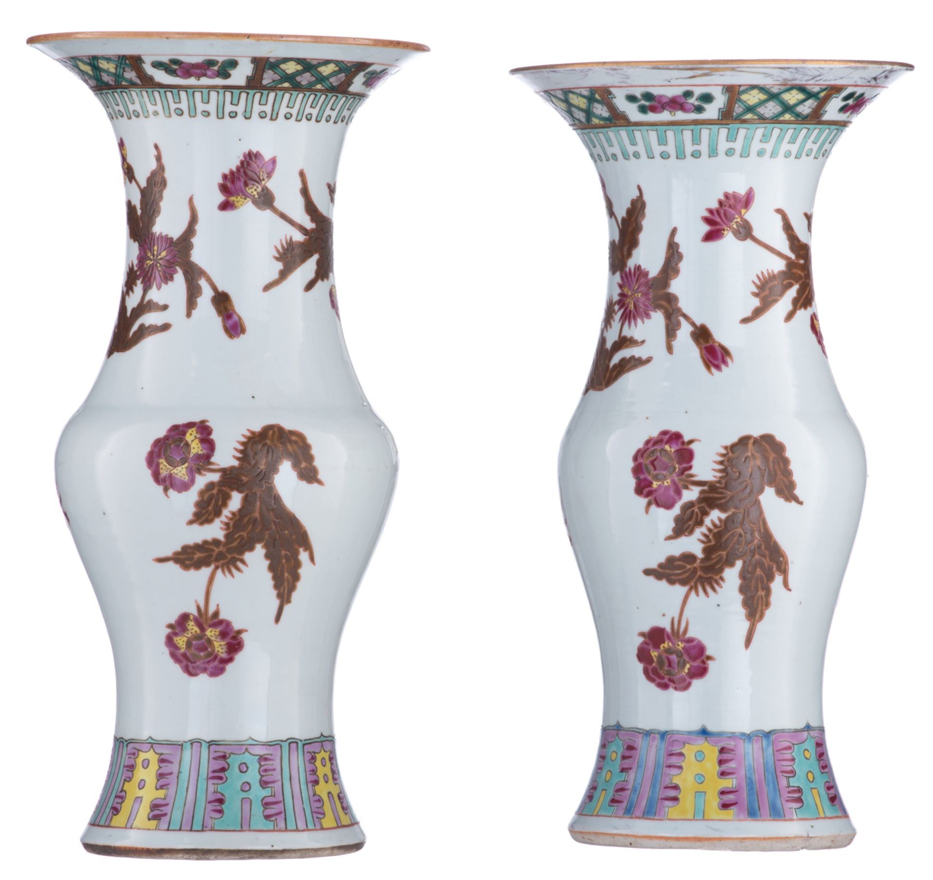 Two Chinese polychrome and famille rose floral decorated yenyen-vases, H 37 - 38 cm