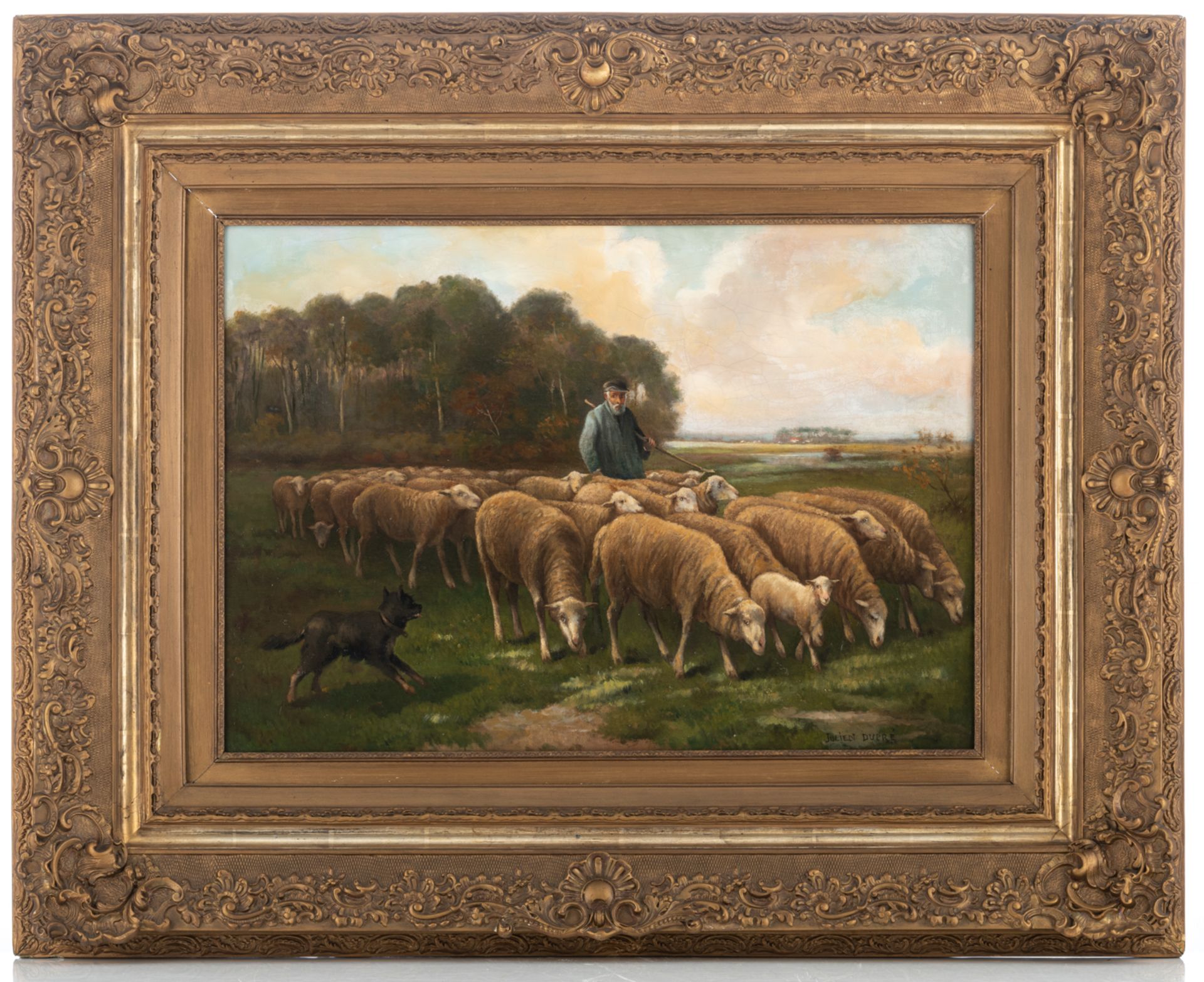 Dupré J., a shepherd and his flock of sheep, oil on canvas, 51,5 x 70 cm - Image 2 of 4