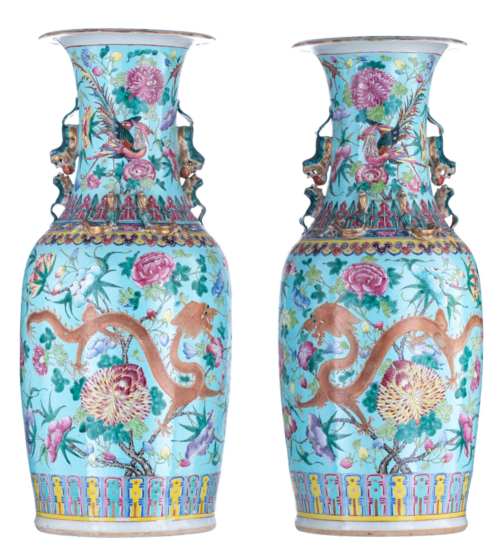 A pair of large Chinese turquoise ground and polychrome vases, decorated with flowers, dragons and p