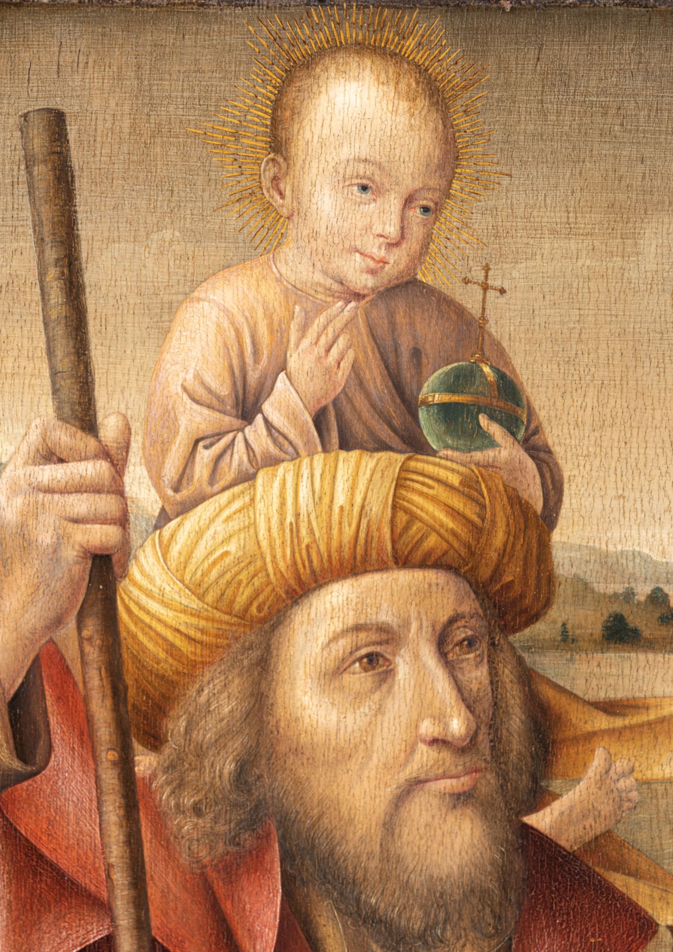 No visible signature, the side-panel of a (triptych) depicting the Holy Christofle carrying the Chil - Image 4 of 5