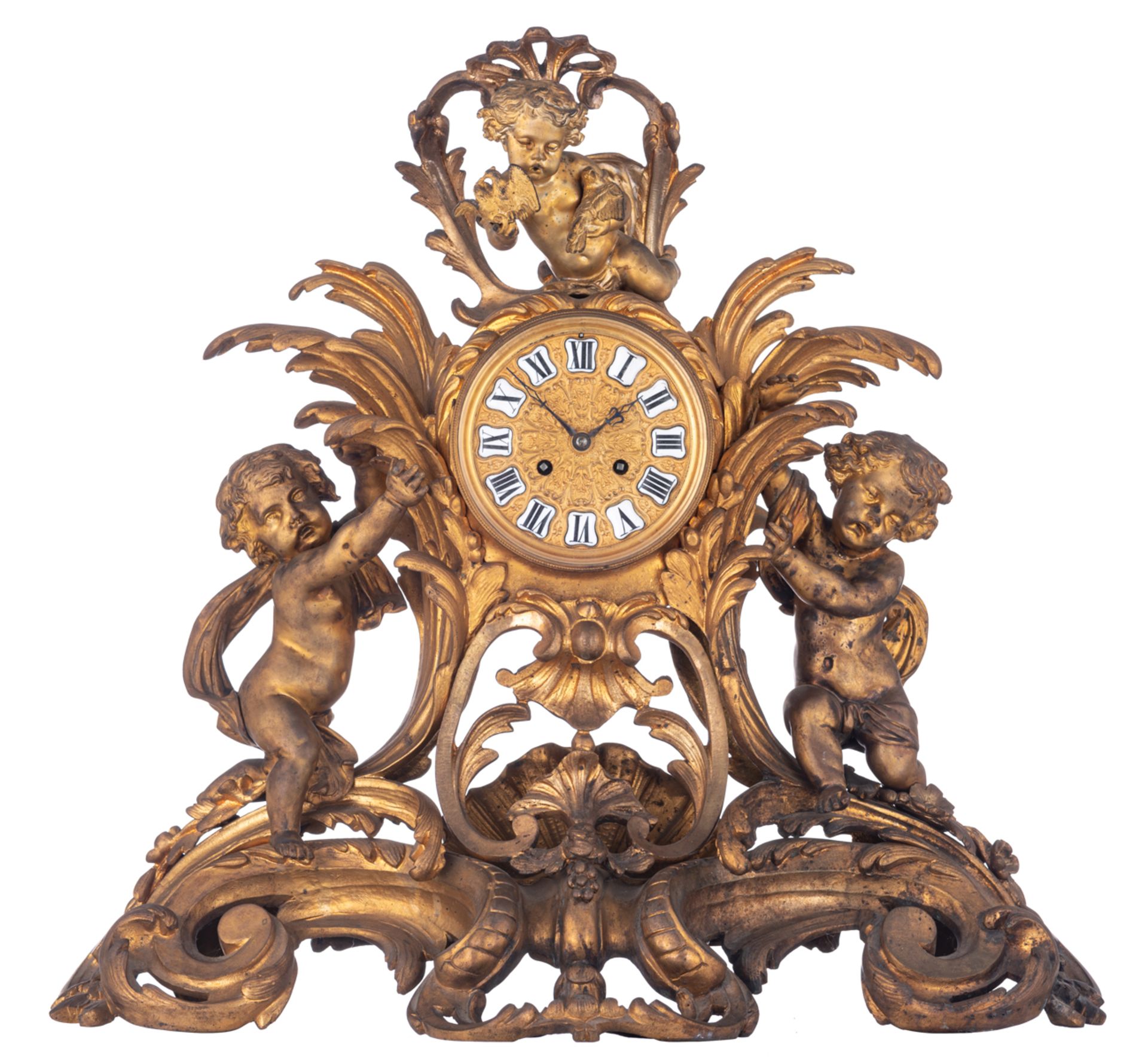 A fine gilt bronze Rococo Revival mantle clock, decorated with putti, the inside mechanism marked 'M