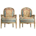 A pair of carved, gilt and patinated walnut Louis XVI 'fauteuils en cabriolet', decorated with a pet