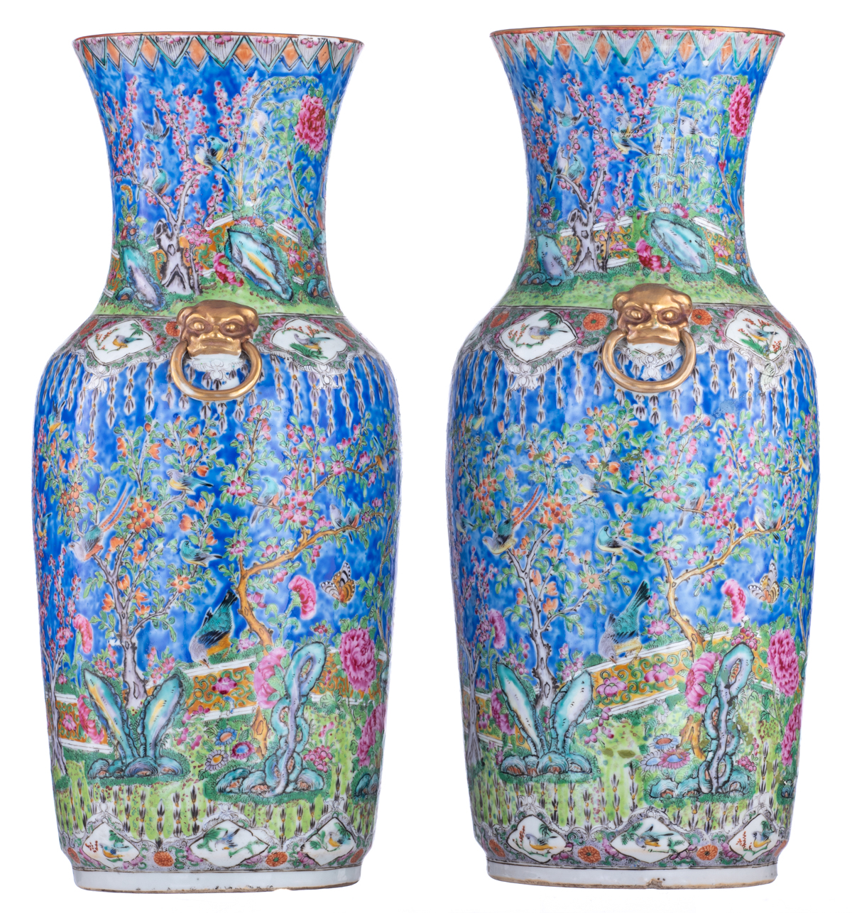 A pair of Chinese famille rose vases, decorated with phoenix and birds in flower branches, paired wi - Image 2 of 6