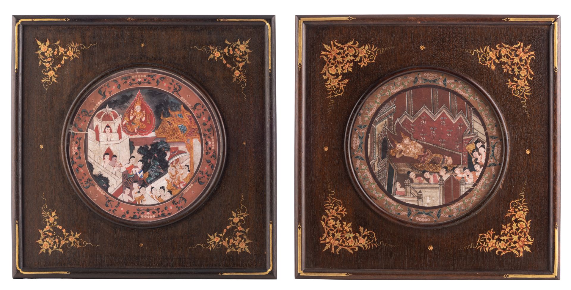 Two Southeast Asian circular paintings, one depicting ladies in an interior, the other with ladies o