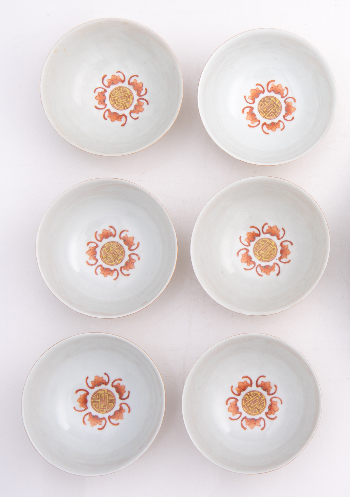 Six Chinese yellow ground famille rose floral decorated bowls, the panels with flower vases, the ins - Image 6 of 8